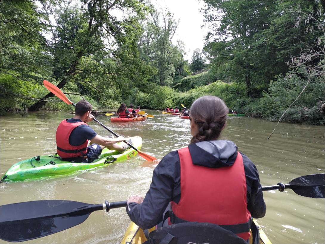 Aperçu de la rivière sur laquelle naviguent des canoés lors d'une animation avec des élèves de collège